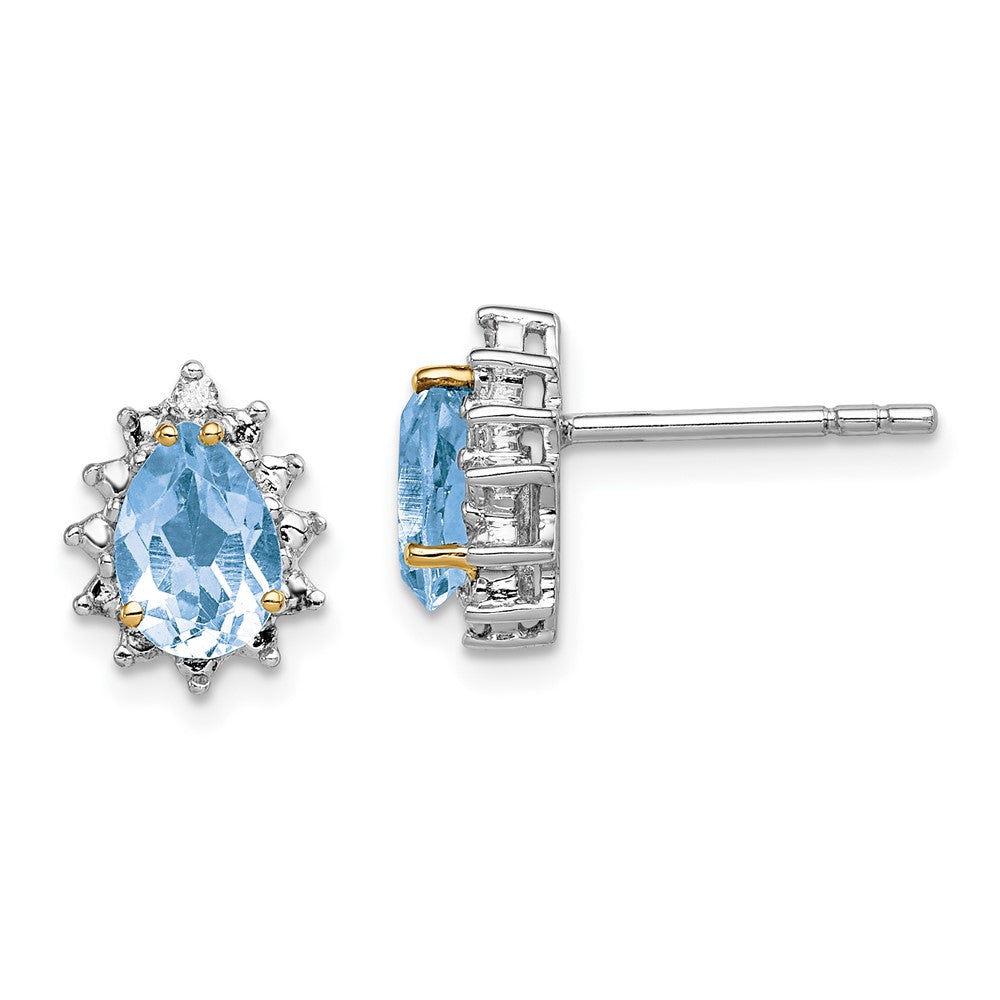 Brilliant Gemstones Sterling Silver with 14K Accent Rhodium-plated Sky Blue Topaz and Diamond Post Earrings, 2.021 ct, 11 x 9 mm