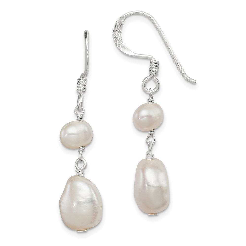 Sterling Silver Polished White 6-9mm Baroque & Semi-Round Freshwater Cultured Pearl Dangle Earrings, 40 x 9 mm