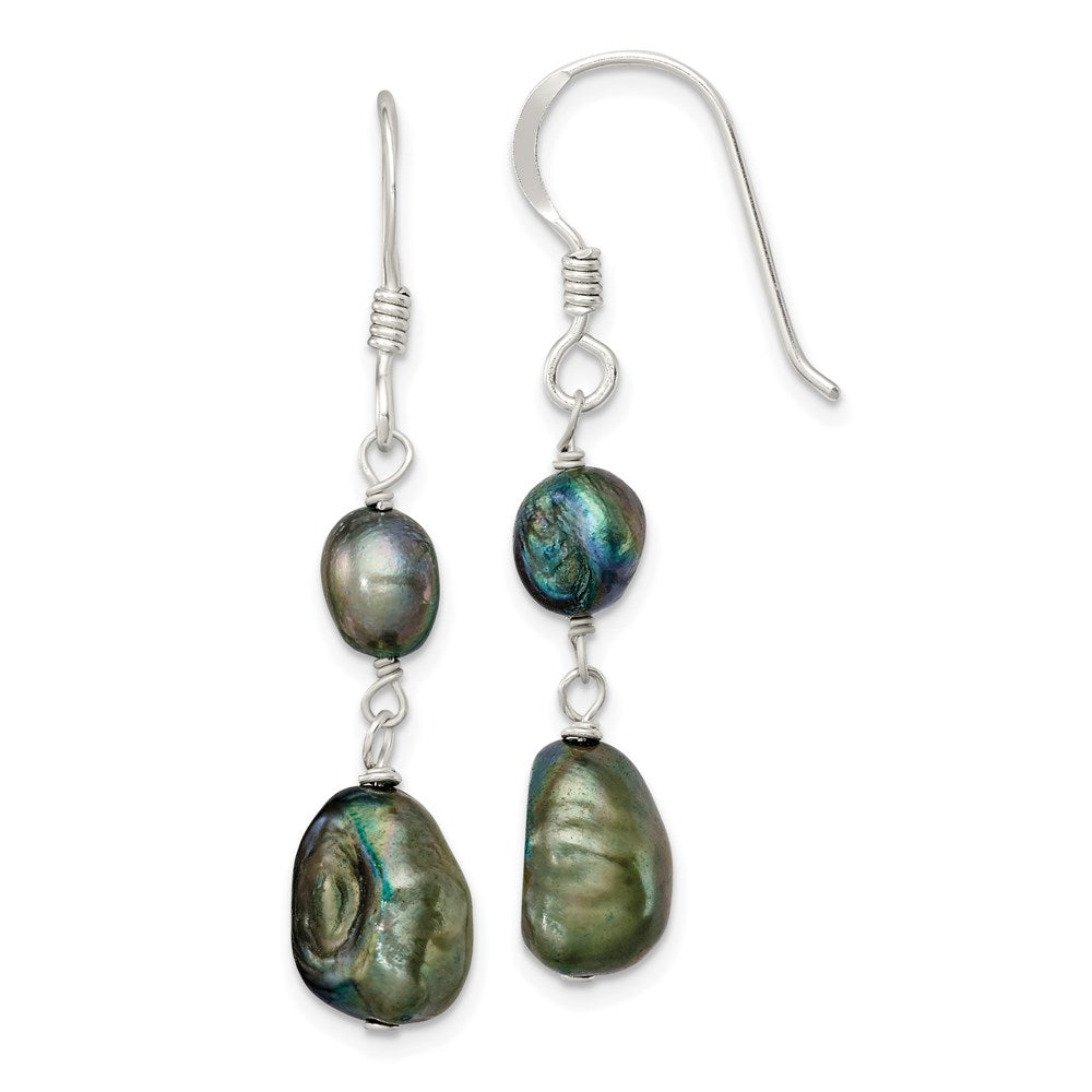Sterling Silver Polished 5-9mm Black Baroque Freshwater Cultured Pearl Dangle Earrings, 36 x 9 mm