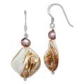 Sterling Silver Polished Brown Mother of Pearl and Freshwater Cultured Pearl Dangle Earrings, 42 x 20 mm