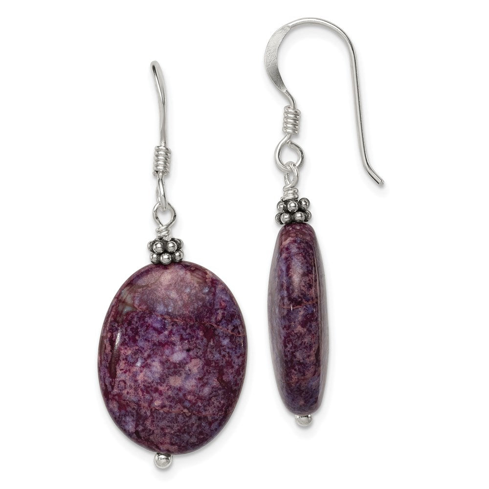 Sterling Silver Polished & Beaded Purple Charoite Oval Dangle Earrings, 34 x 15 mm