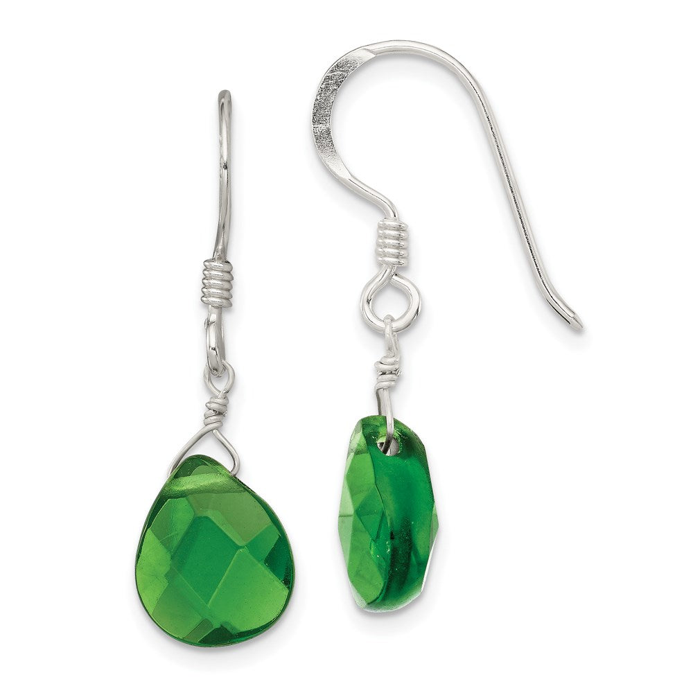 Sterling Silver Polished Dark Green Crystal Teardrop Dangle Earrings, 28 x 9 mm