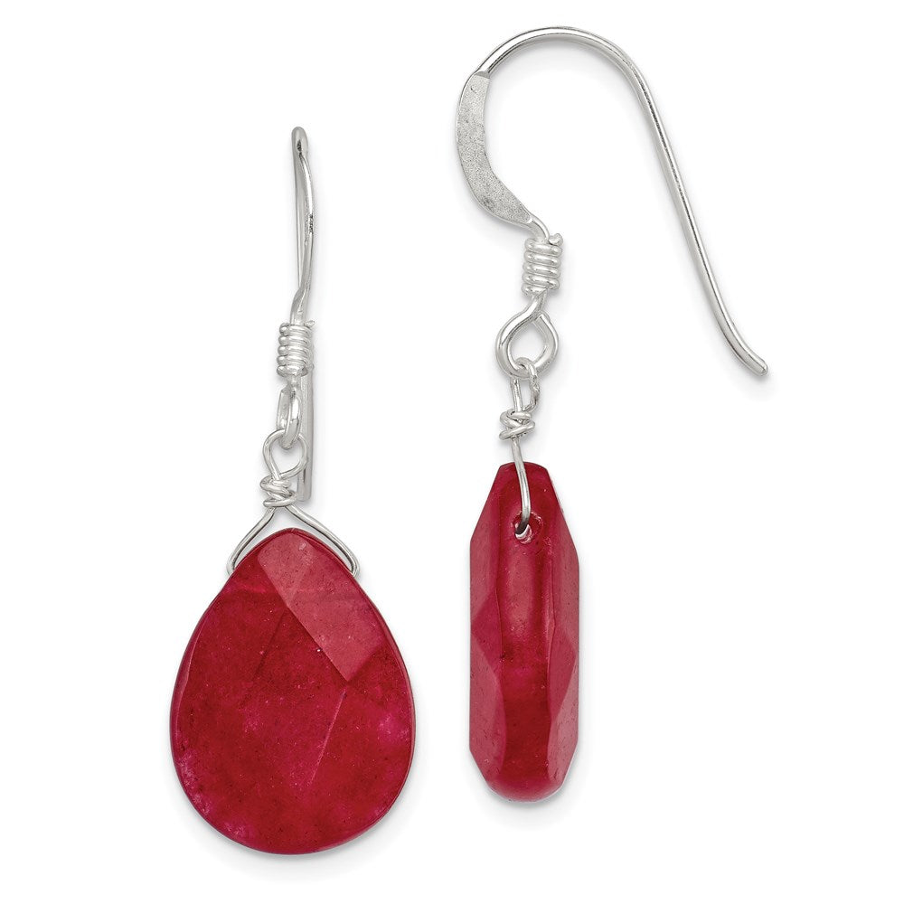 Sterling Silver Polished Faceted Red Jade Teardrop Dangle Earrings, 31 x 12 mm
