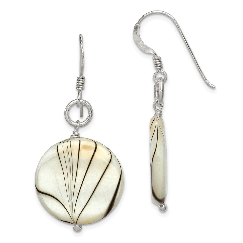 Sterling Silver Polished Zebra Mother of Pearl Disc Dangle Earrings, 42 x 21 mm