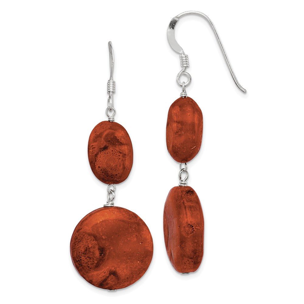 Sterling Silver Polished Round & Oval Recon. Red Coral Dangle Earrings, 50 x 15 mm