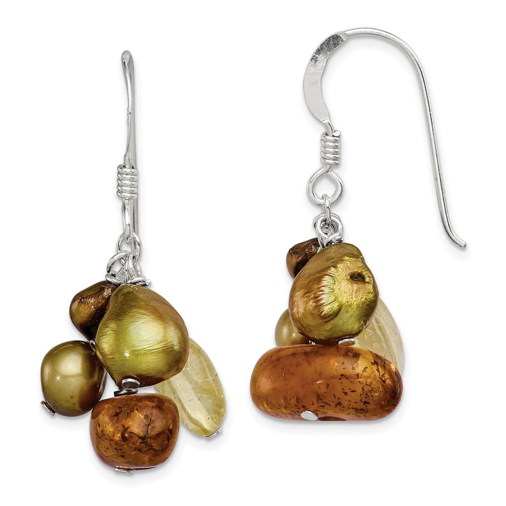 Sterling Silver Polished Amber, Citrine & FW Cultured Pearl Dangle Earrings, 36 x 21 mm