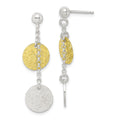Sterling Silver w/ Yellow Vermeil Polished & Textured Circle Dangle Earring, 40 x 11 mm