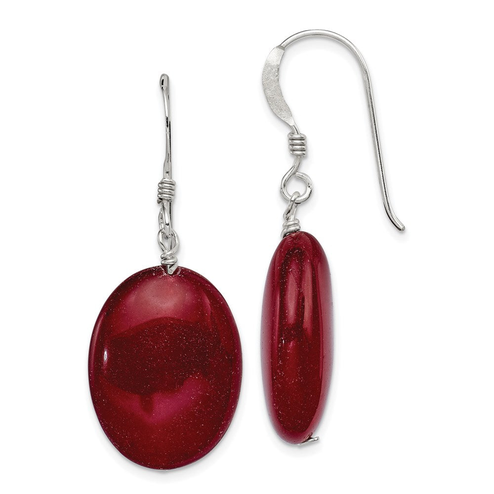 Sterling Silver Polished Red Jade Oval Dangle Earrings, 31 x 15 mm