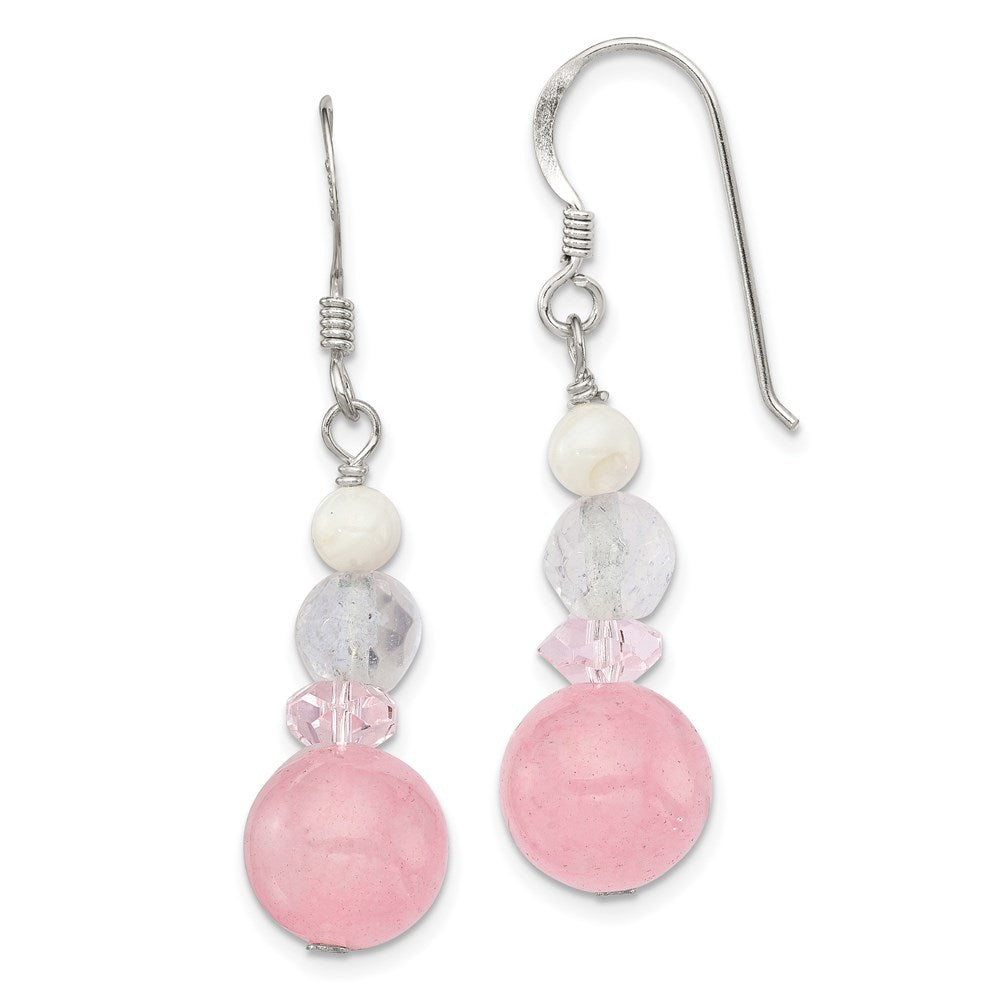 Sterling Silver Polished Pink Crystal, Jade & Mother of Pearl Dangle Earrin, 36 x 11 mm