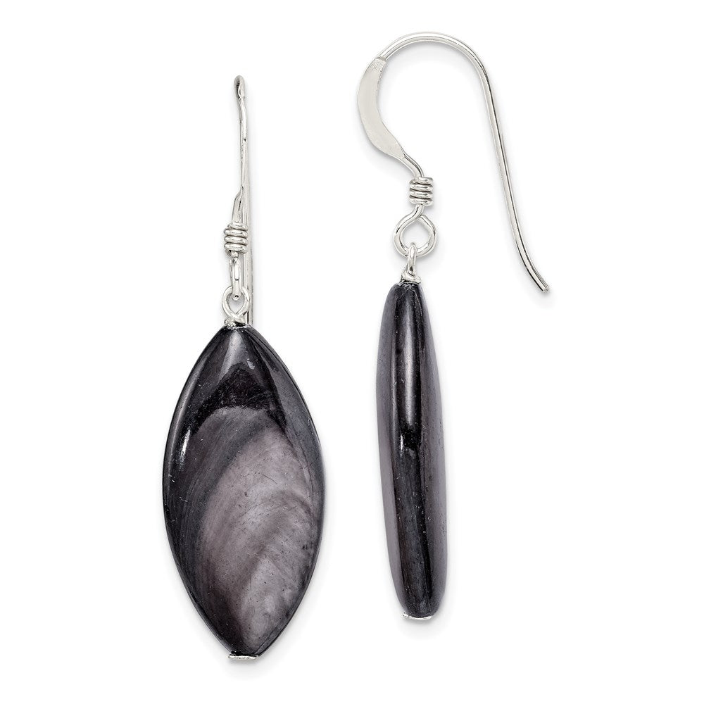 Sterling Silver Polished Grey Mother of Pearl Marquise Dangle Earrings, 37 x 12 mm