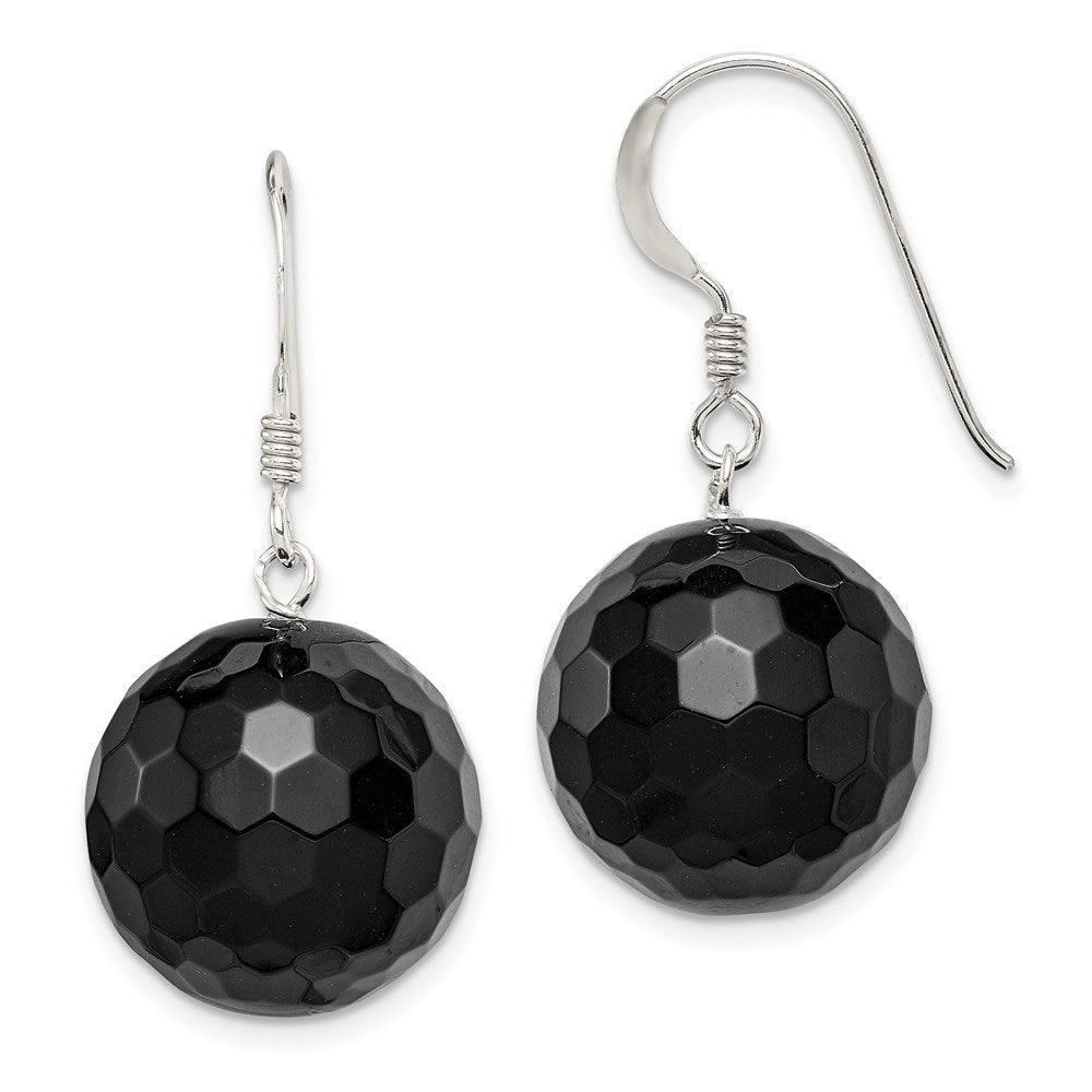 Sterling Silver Polished 17mm Faceted Onyx Bead Dangle Earrings, 35 x 17 mm