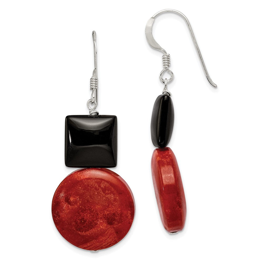 Sterling Silver Polished Black Agate & Recon. Red Coral Dangle Earrings, 38 x 18 mm