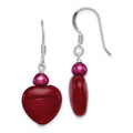 Sterling Silver Polished Red FWC Pearl & Red Jade Heart Dangle Earrings, 33 x 14 mm