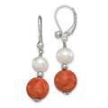 Sterling Silver Rhod-pltd FWC Pearl/Recons. Red Coral Dangle Earrings, 33 x 10 mm