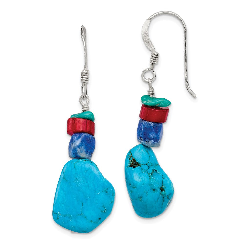 Sterling Silver Red Coral/Howlite/Lapis/Turquoise Dangle Earrings, 42 x 13 mm