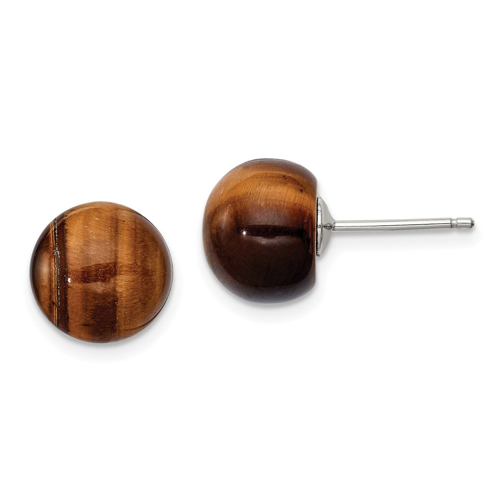 Sterling Silver Rhod-pltd 10mm Tiger's Eye Button Post Earrings, 10 x 10 mm