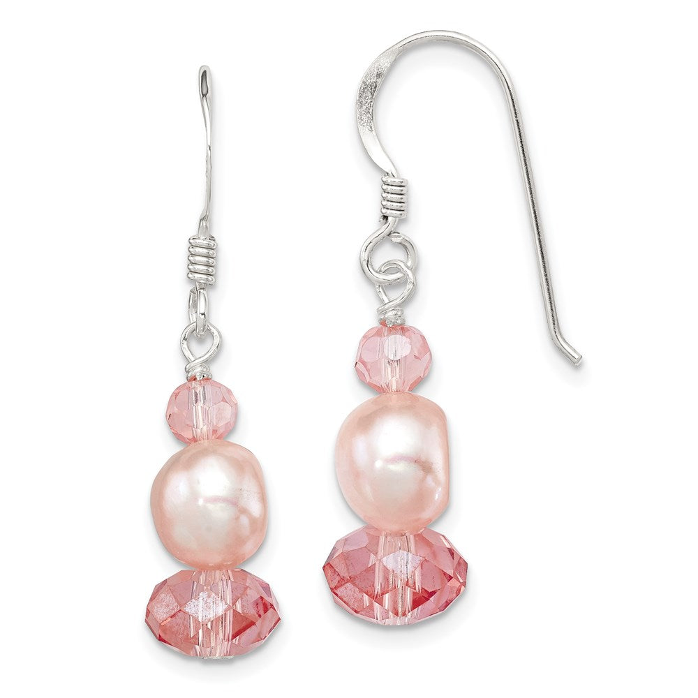 Sterling Silver Polished Peach Crystal & Pink FWC Pearl Dangle Earrings, 25 x 8 mm