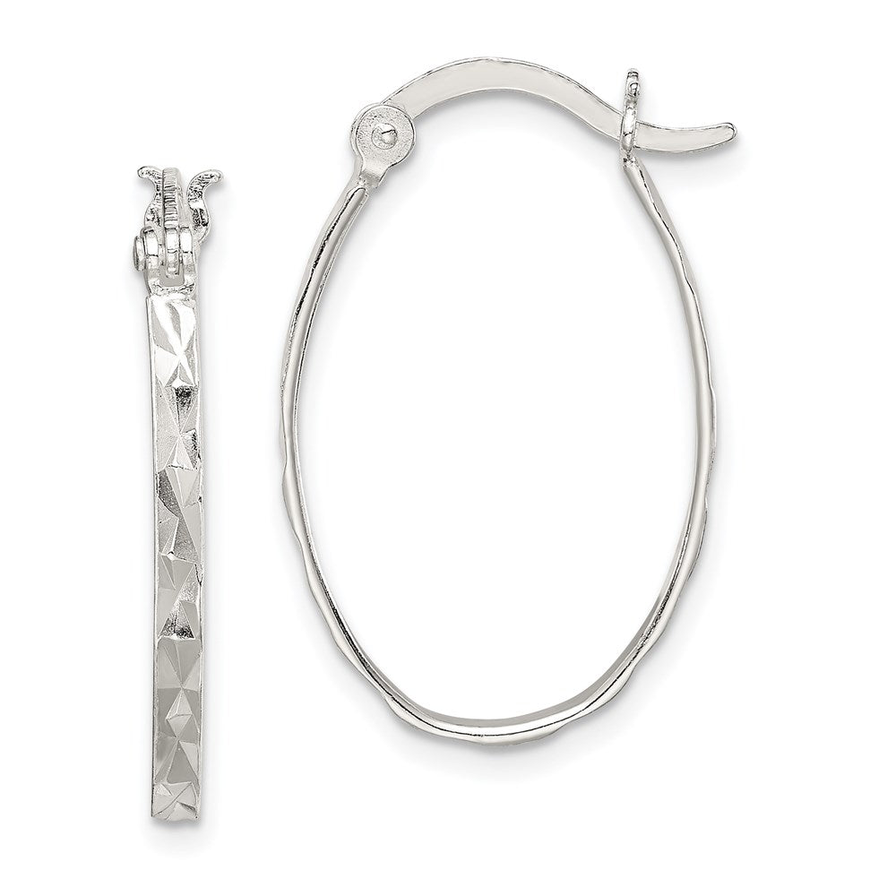 Sterling Silver Rhod-plated Polished/Textured 2mm Oval Hoop Earrings, 15 x 16 mm