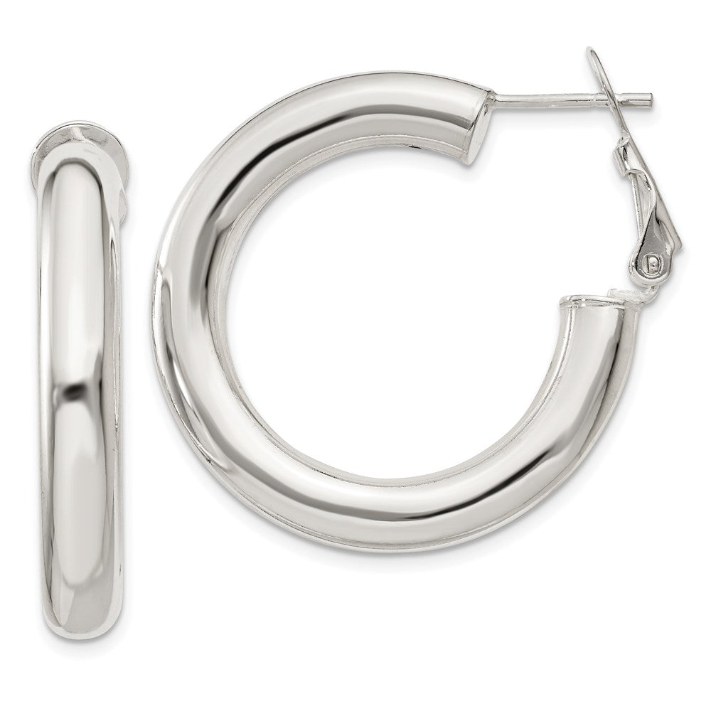 Sterling Silver 5x30mm Omega Back Hoop Earrings, 30 x 5 mm