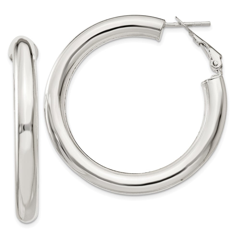 Sterling Silver 5x40mm Omega Back Hoop Earrings, 40 x 5 mm