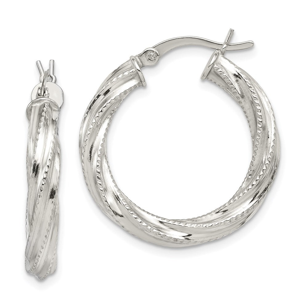 Sterling Silver Rhod-plated Patterned Twisted 4x25mm Hoop Earrings, 18 x 25 mm