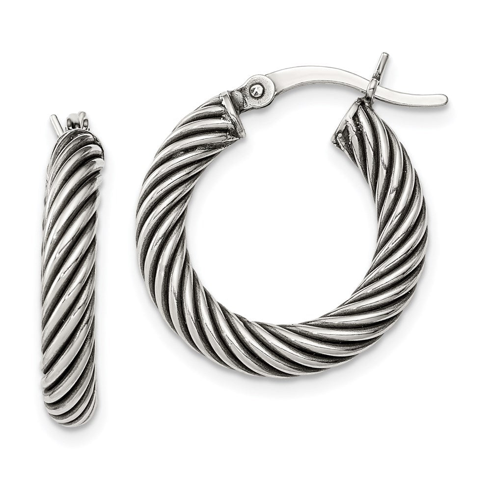 Sterling Silver Antiqued 3.25x20mm Twisted Hoop Earrings, 20 x 3.25 mm