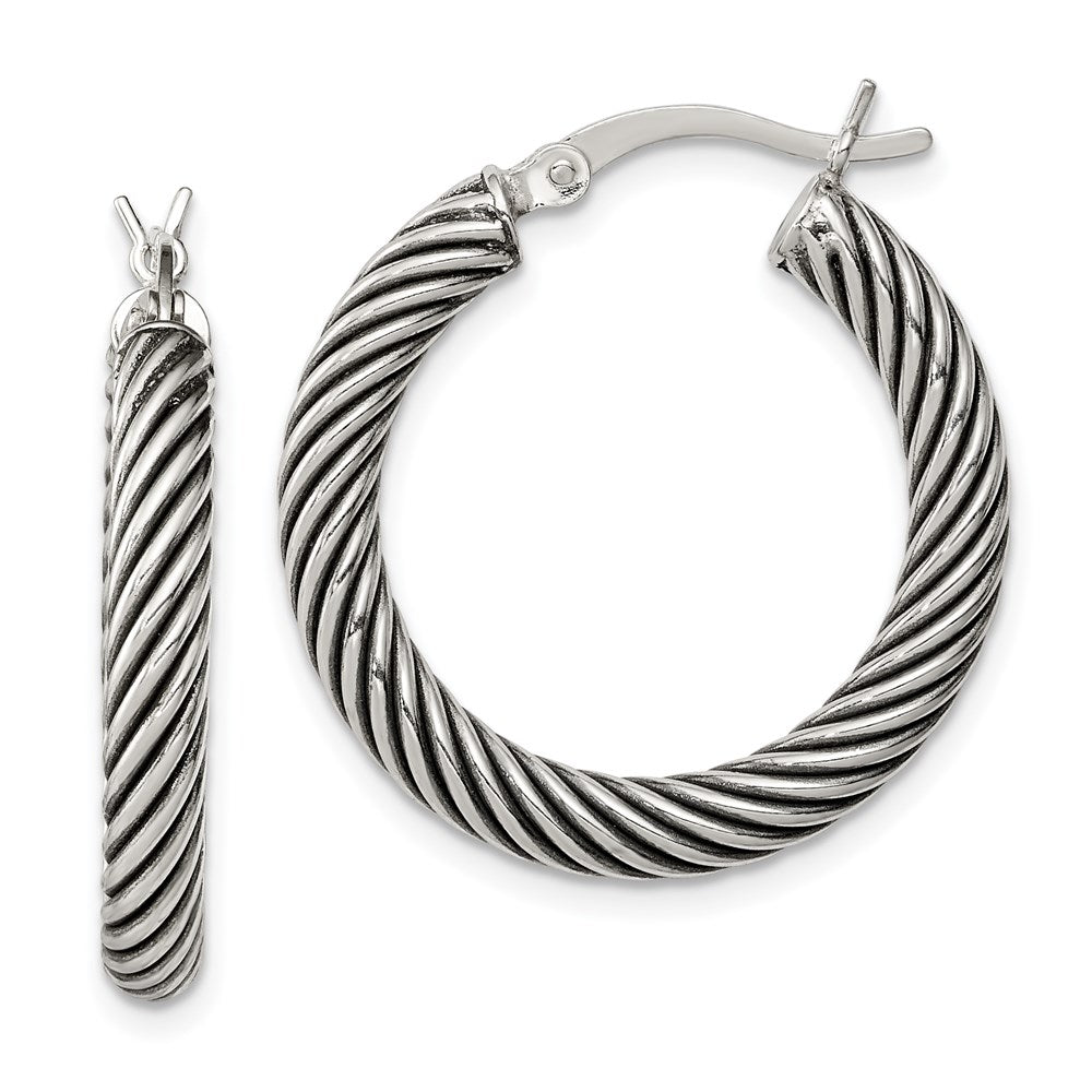 Sterling Silver Antiqued 3.25x25mm Twisted Hoop Earrings, 25 x 3.25 mm