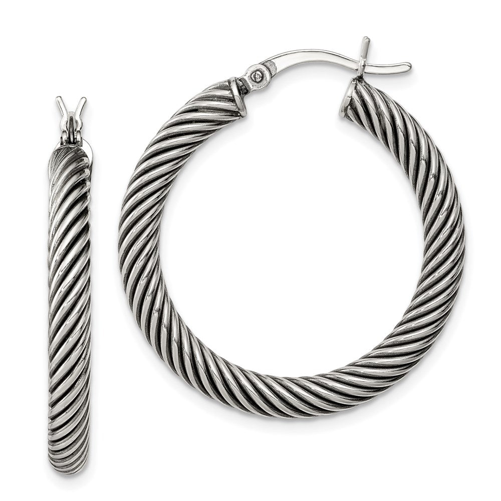 Sterling Silver Antiqued 3.25x30mm Twisted Hoop Earrings, 30 x 3.25 mm