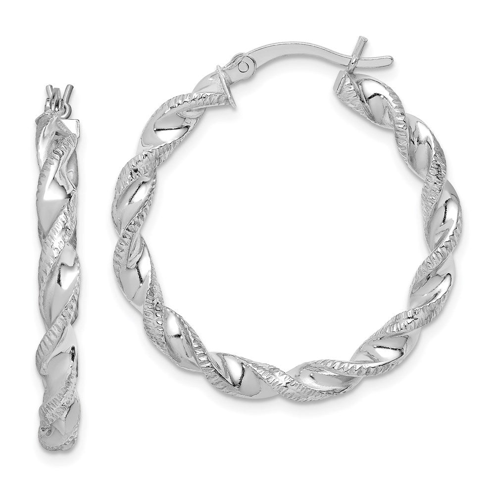 Sterling Silver Rhodium Plated Twisted 3.5x30mm Hoop Earrings, 30 x 3.5 mm