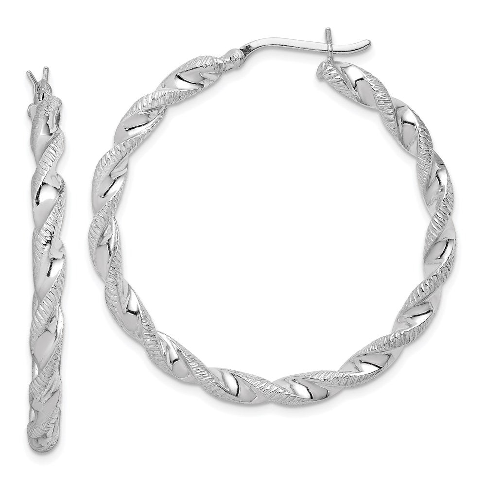Sterling Silver Rhodium Plated Twisted 3.5x40mm Hoop Earrings, 40 x 3.5 mm