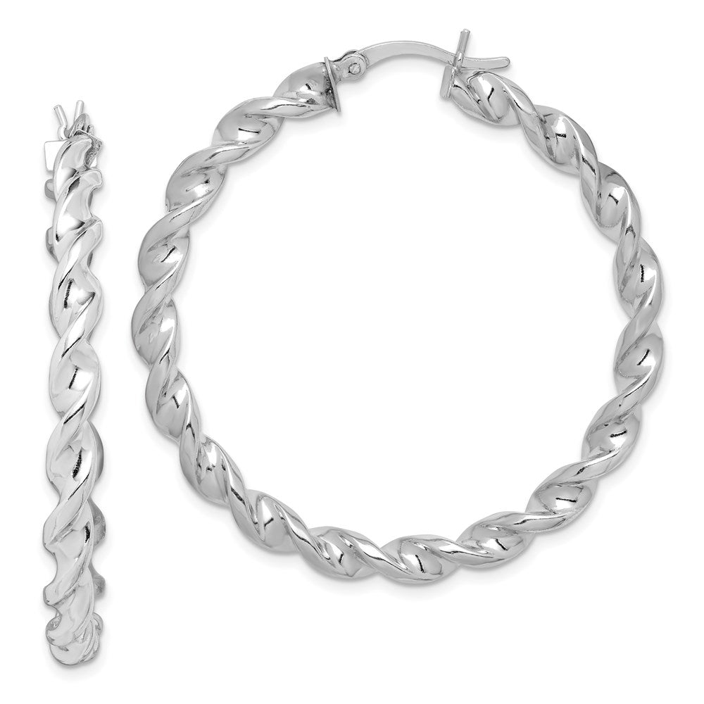 Sterling Silver Rhodium Plated Twisted 3.5x45mm Hoop Earrings, 45 x 3.5 mm