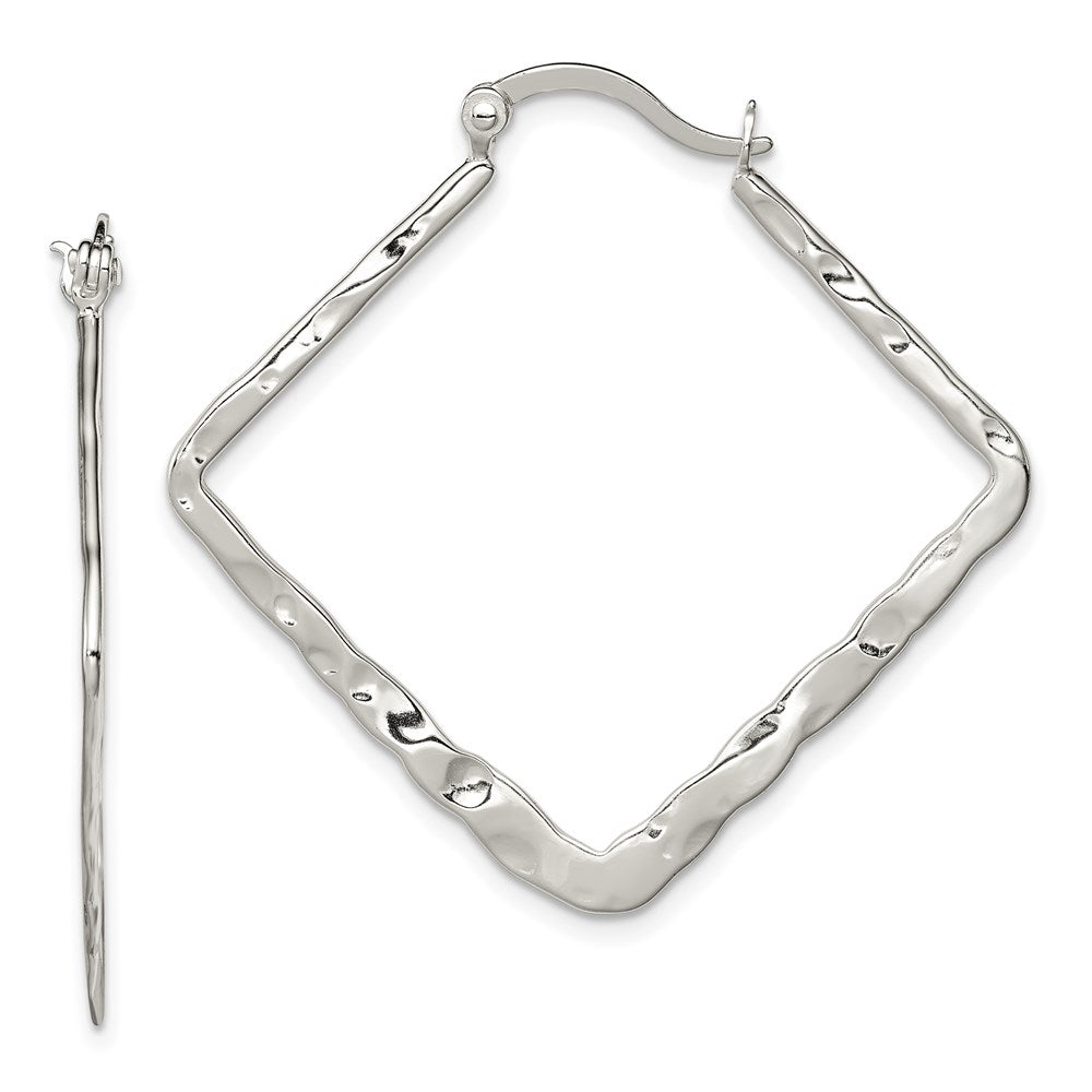 Sterling Silver Rhod-pltd Polished/Hammered Square Hoop Earrings, 33 x 37.25 mm
