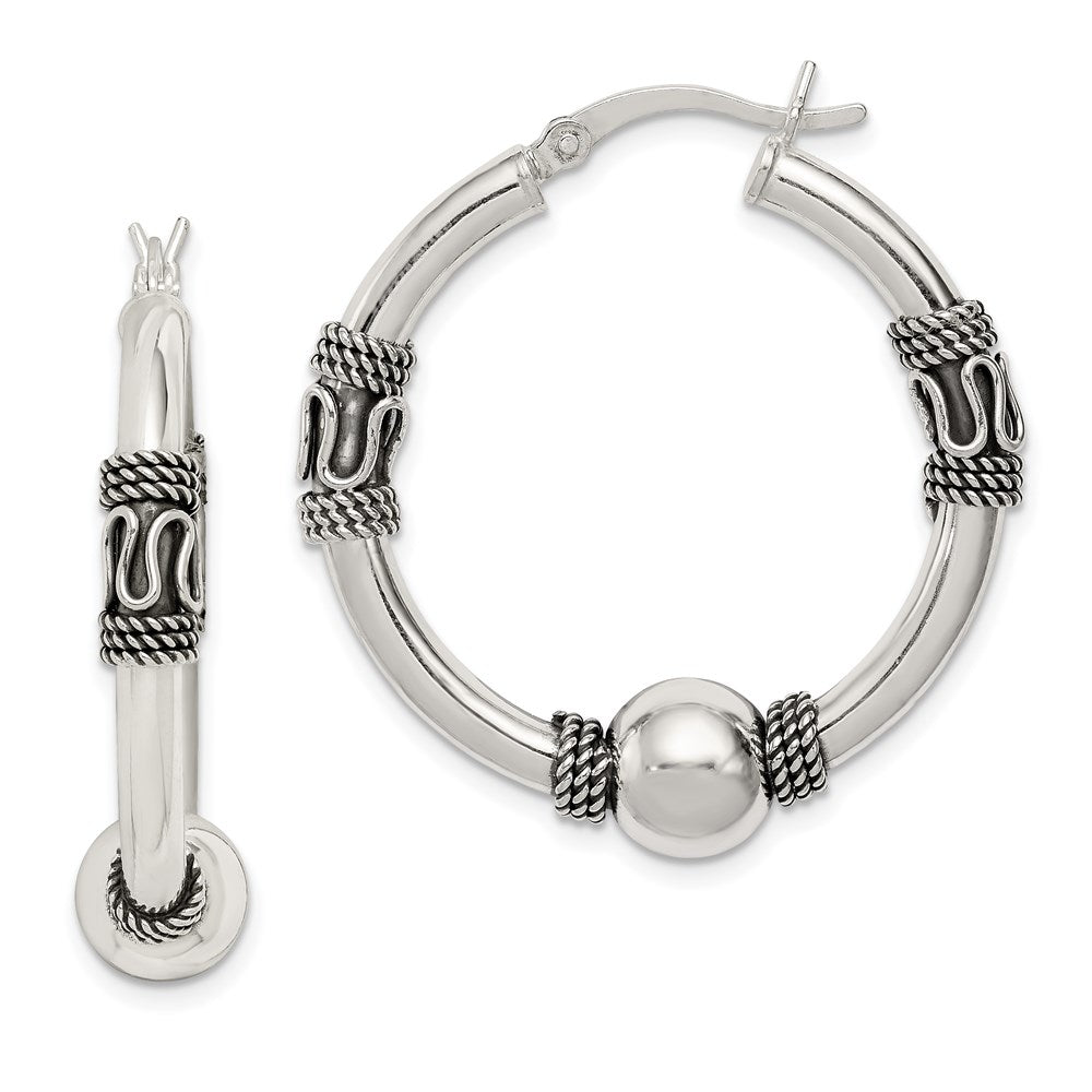 Sterling Silver Antiqued Hoop Earrings, 33 x 7.8 mm