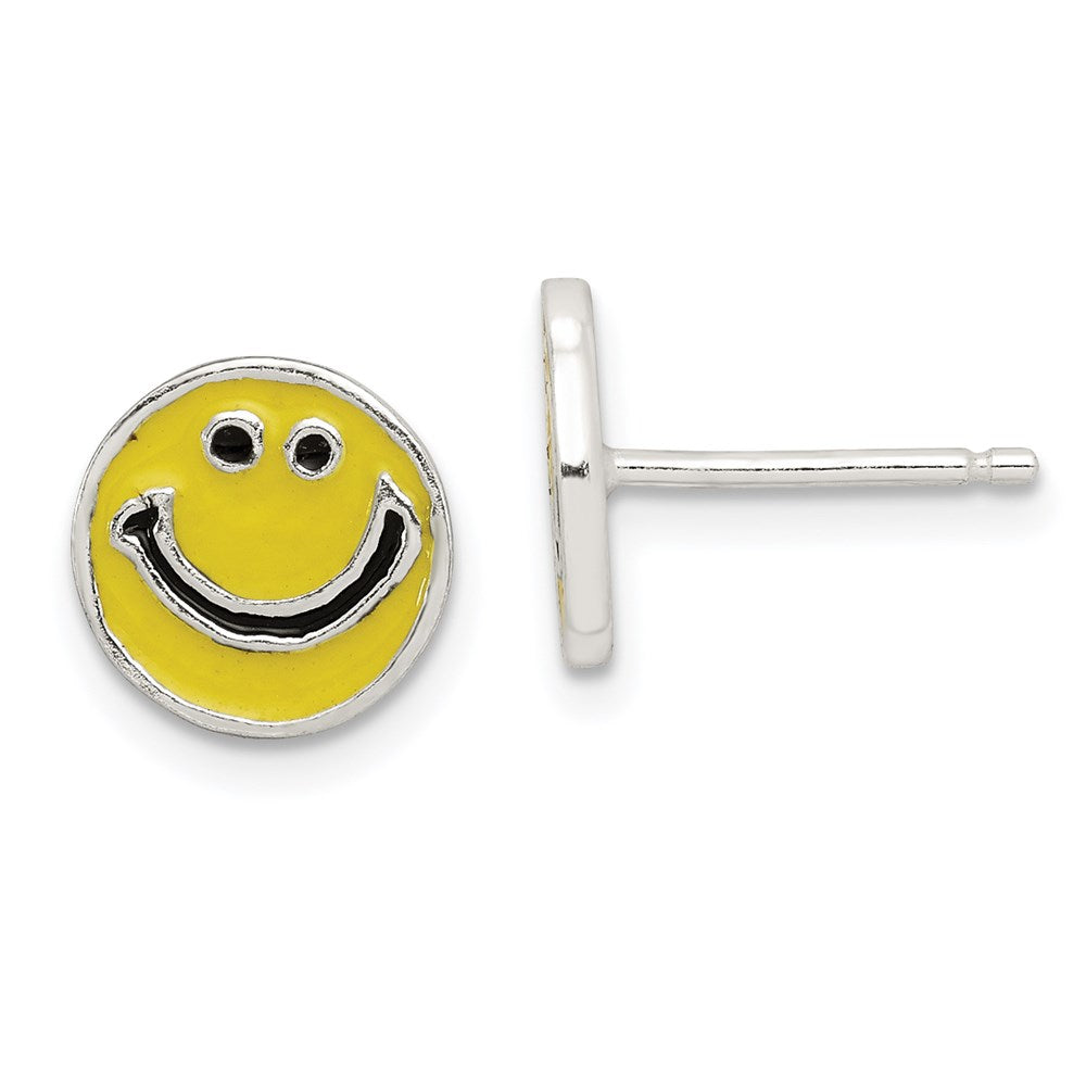 Sterling Silver Enameled Happy Face Post Earrings, 9 x 9 mm