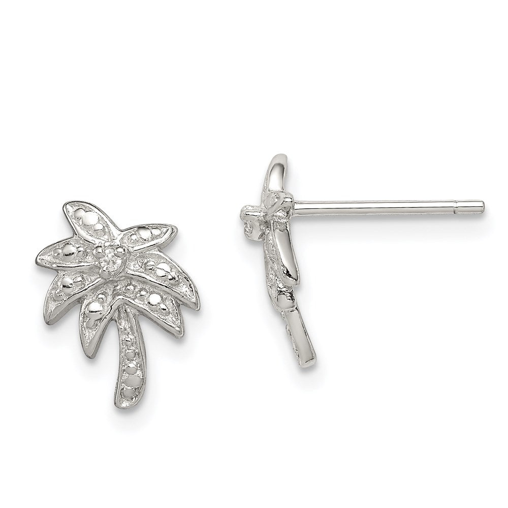 Sterling Silver Rhodium-plated CZ Palm Tree Post Earrings, 13 x 9 mm