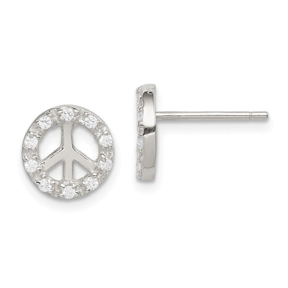 Sterling Silver Rhodium-plated Small CZ Peace Symbol Post Earrings, 9 x 9 mm