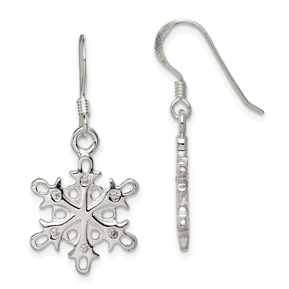 Sterling Silver Polished / Satin CZ Snowflake Dangle Earrings, 33 x 15 mm