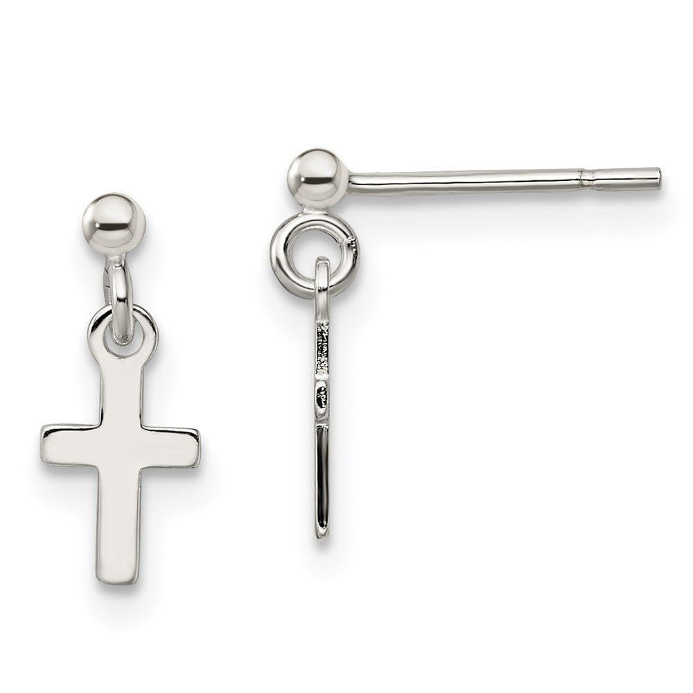 Sterling Silver Polished Latin Cross Post Dangle Earrings, 24 x 7 mm