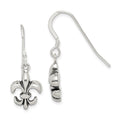 Sterling Silver Polished & Antiqued Fleur de Lis Dangle Earrings, 30 x 12 mm