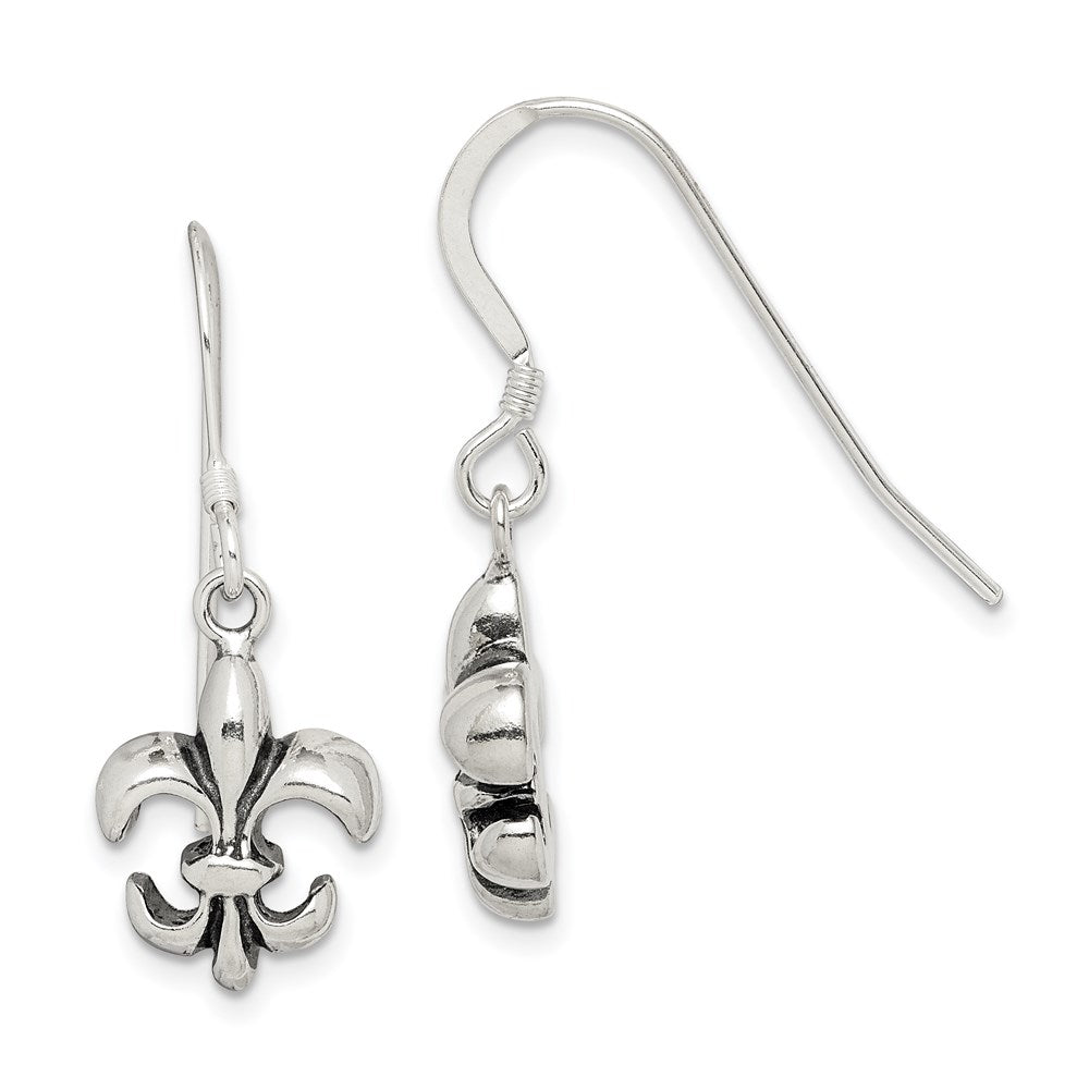 Sterling Silver Polished & Antiqued Fleur de Lis Dangle Earrings, 30 x 12 mm