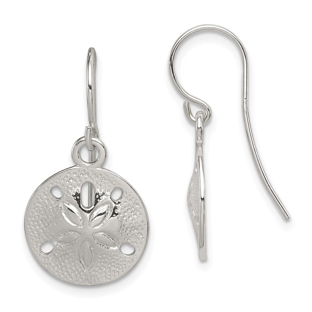 Sterling Silver Polished and Textured Sand Dollar Dangle Earrings, 26 x 13 mm
