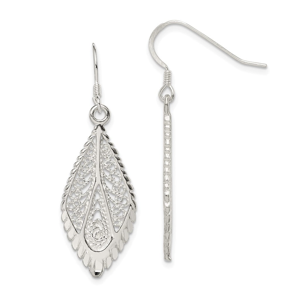 Sterling Silver Polished & D/C Fancy Filigree Teardrop Dangle Earrings, 39 x 13 mm