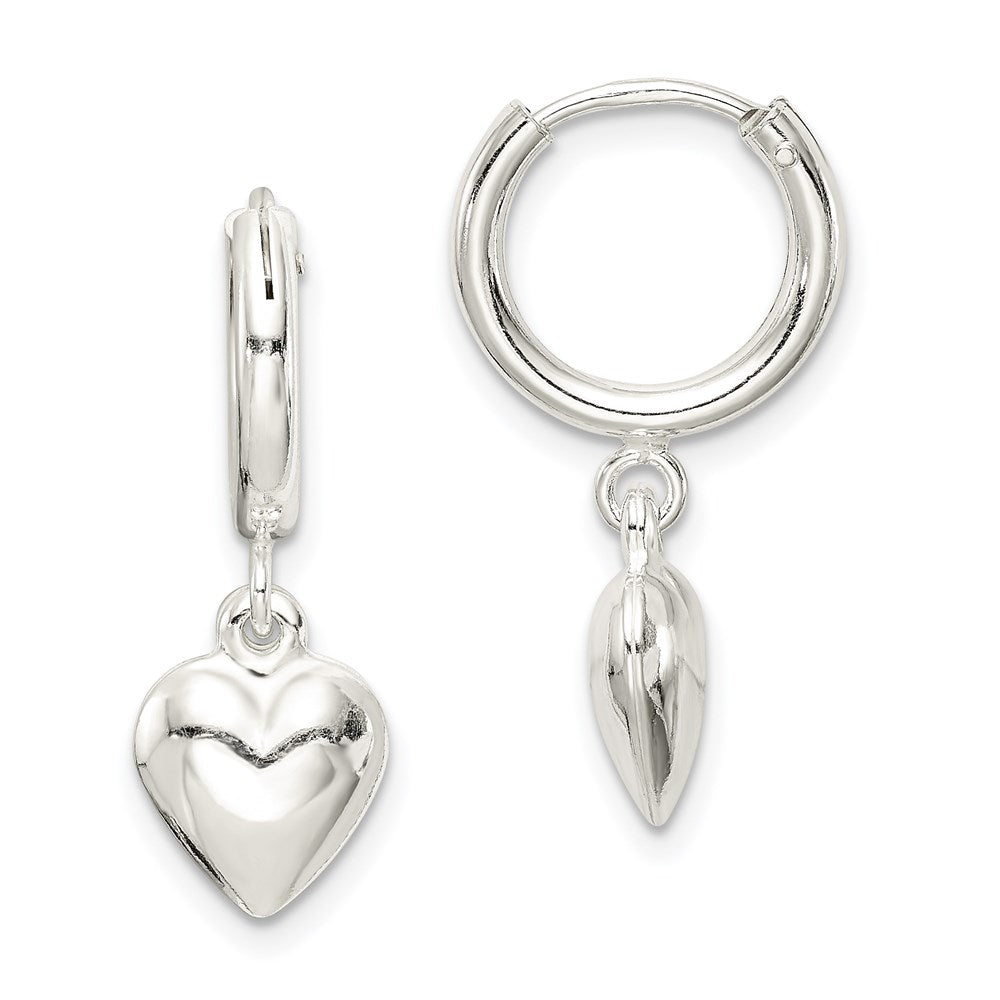 Sterling Silver Polished Puff Heart Dangle Hoop Earrings, 25 x 25 mm