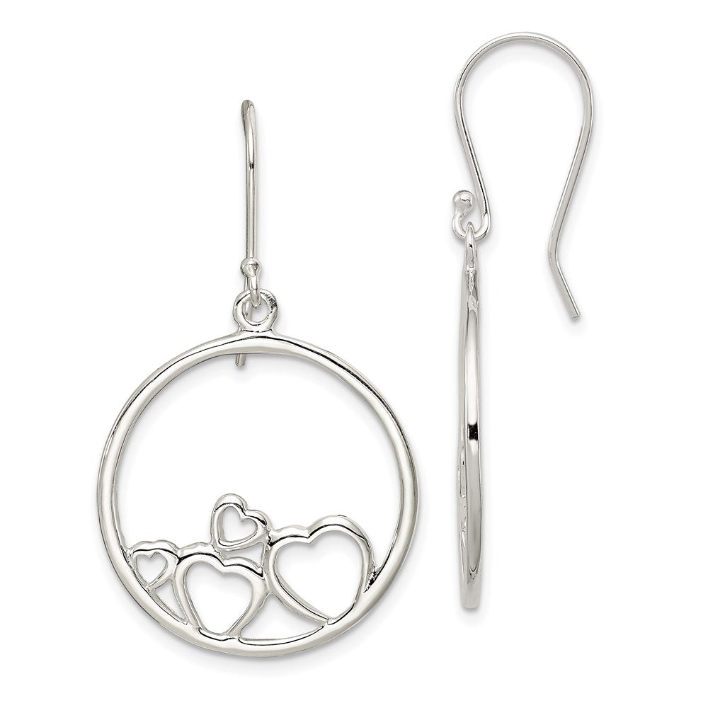 Sterling Silver Rhodium-plated Polished Open Hearts Circle Dangle Earrings, 40 x 23 mm