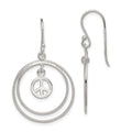 Sterling Silver Rhodium-plated Circles w/Peace Symbol Dangle Earrings, 35 x 21 mm
