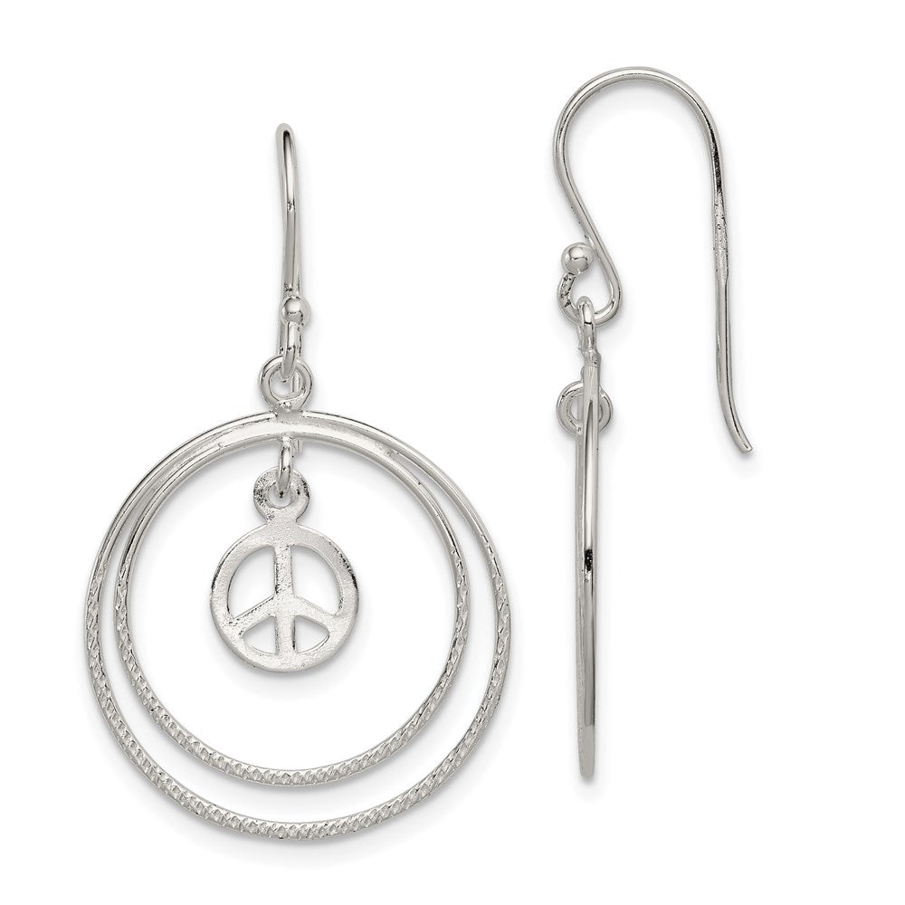 Sterling Silver Rhodium-plated Circles w/Peace Symbol Dangle Earrings, 35 x 21 mm