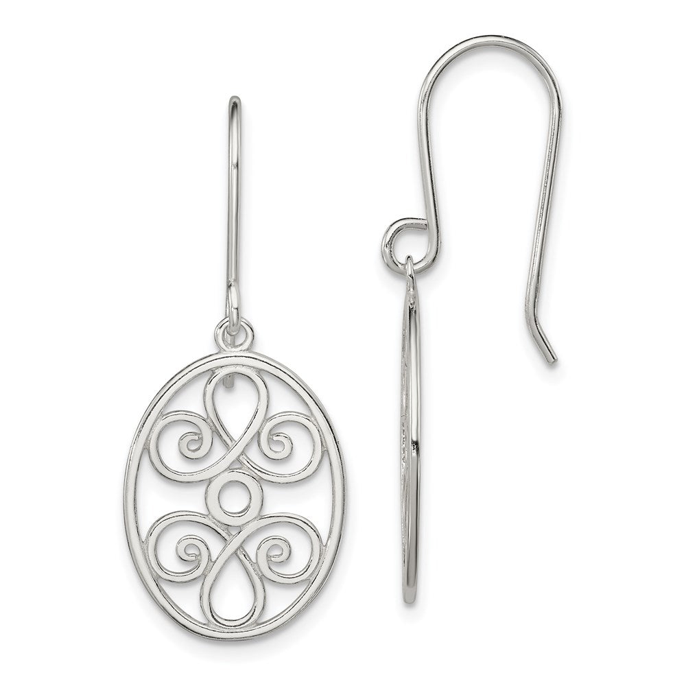 Sterling Silver Polished Filigree Oval Dangle Earrings, 35 x 15 mm