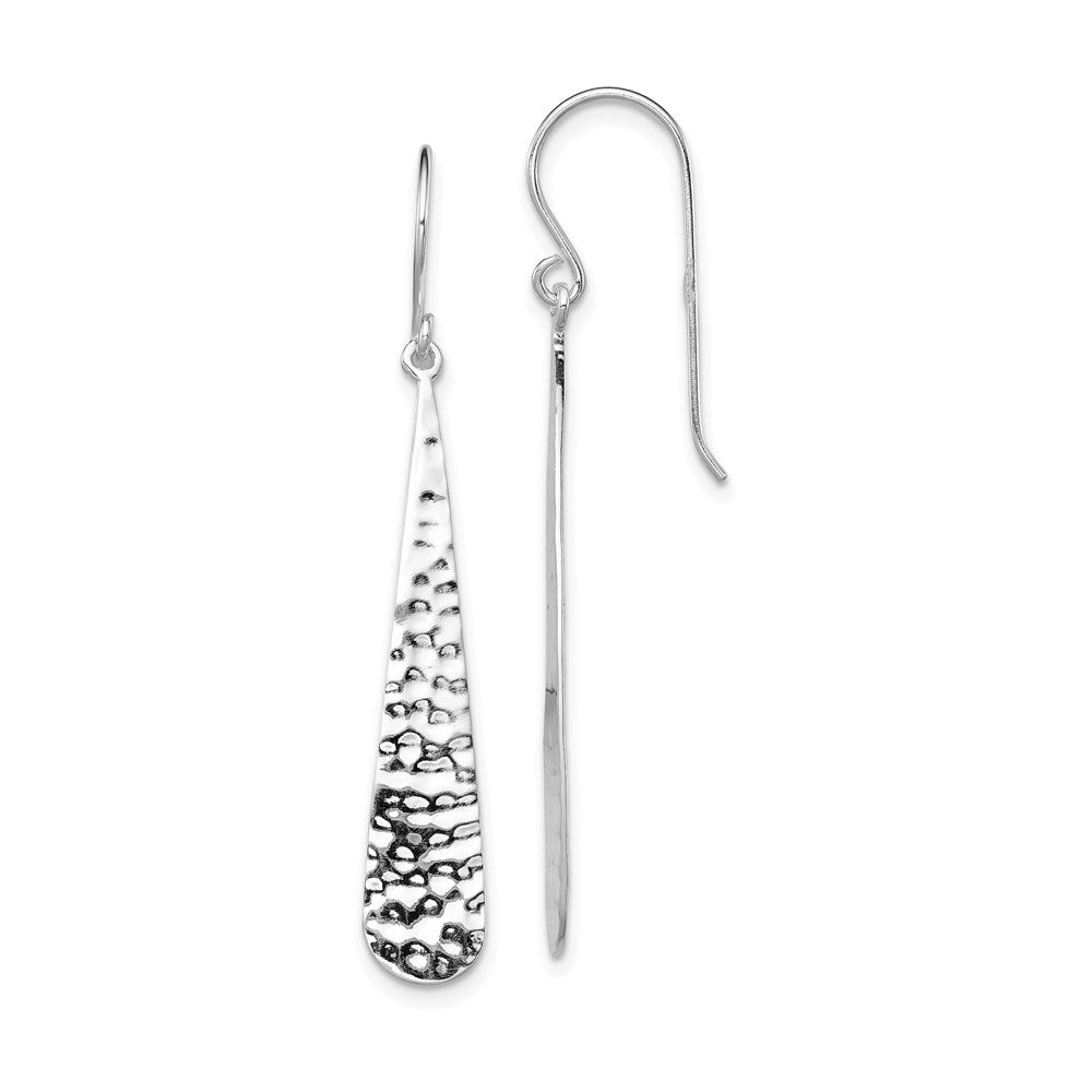 Sterling Silver Rhodium-plated Hammered Teardrop Dangle Earrings, 52 x 7 mm