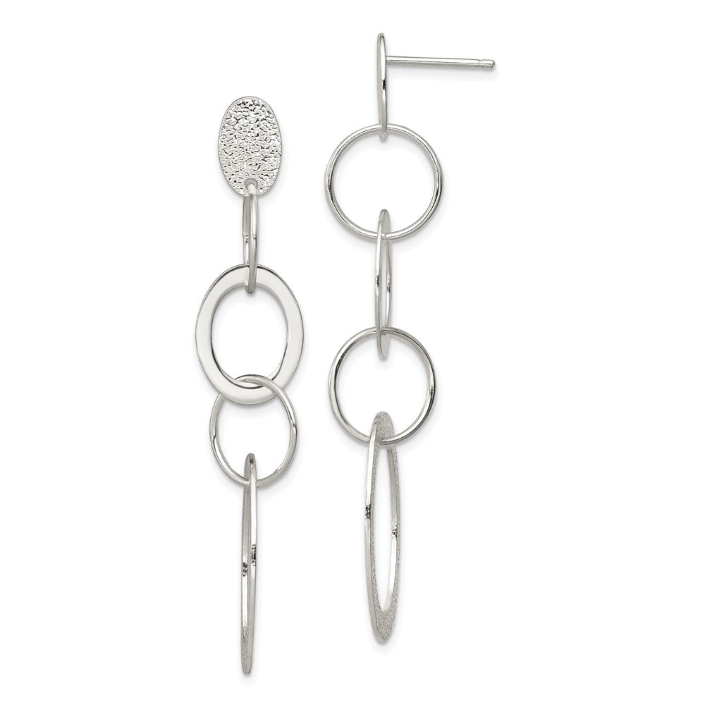 Sterling Silver Polished & Textured Circle & Oval Links Post Dangle Earring, 57 x 16 mm