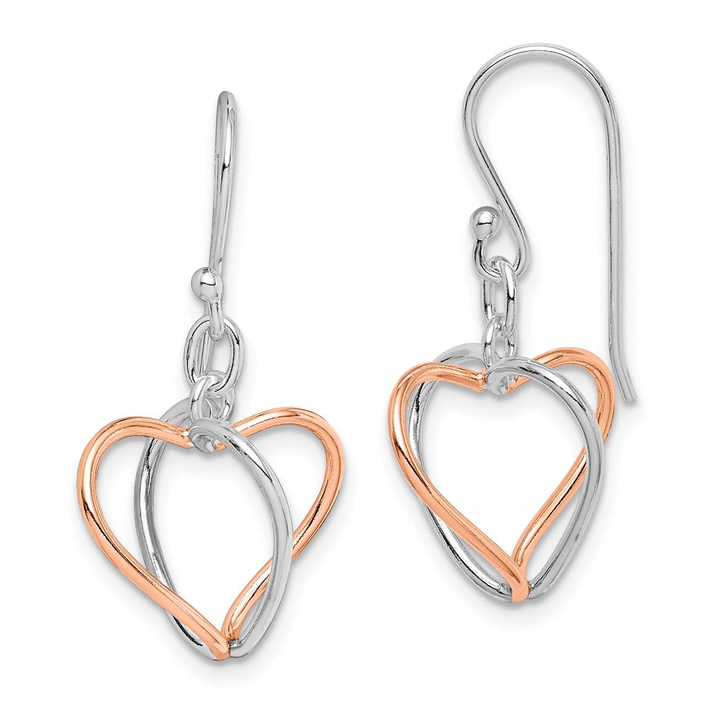 Sterling Silver w/Rose Vermeil Heart Dangle Earrings, 31 x 13 mm